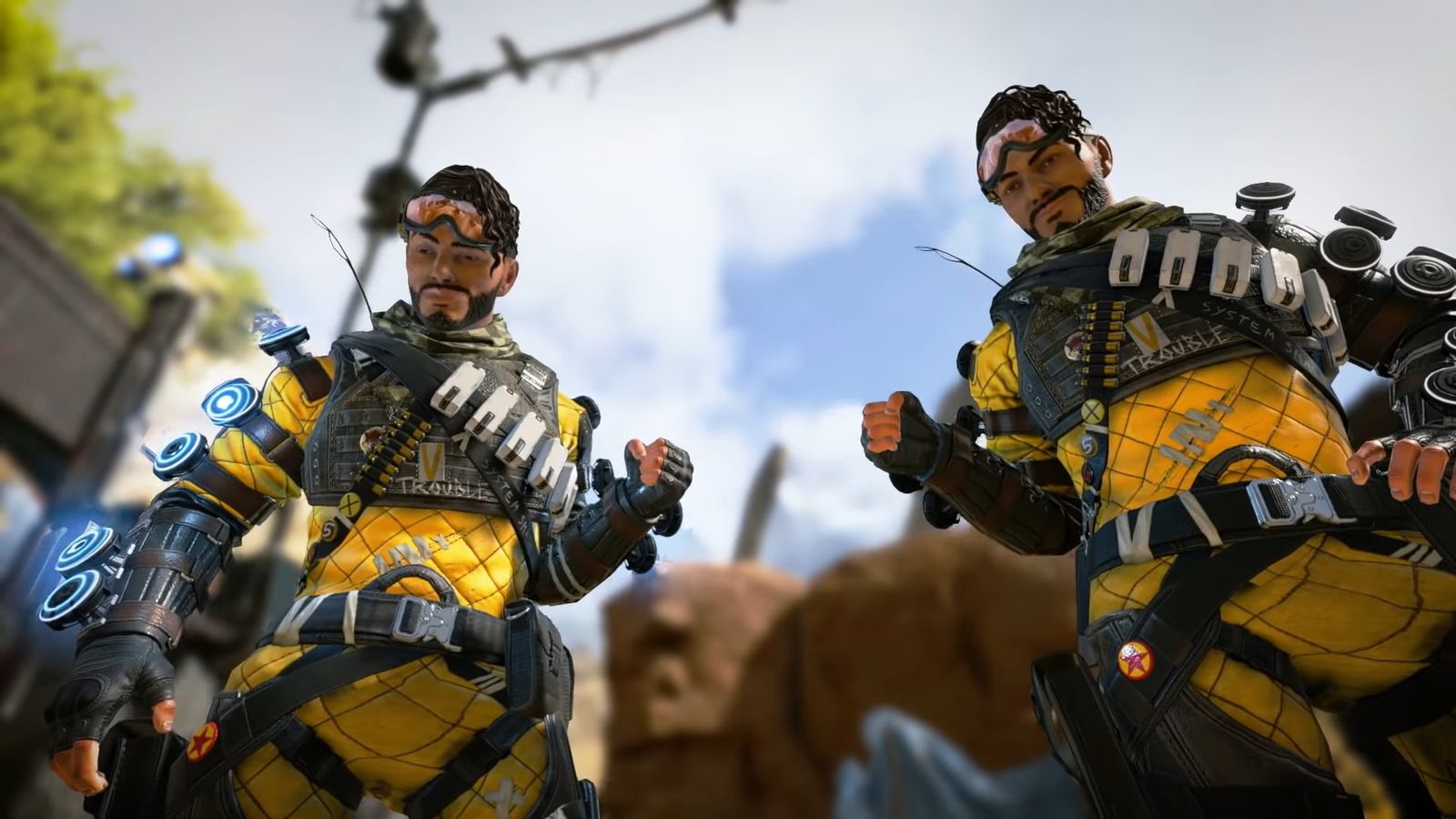 Apex Legends Mirage and his clone in Kings Canyon after downing another Legend