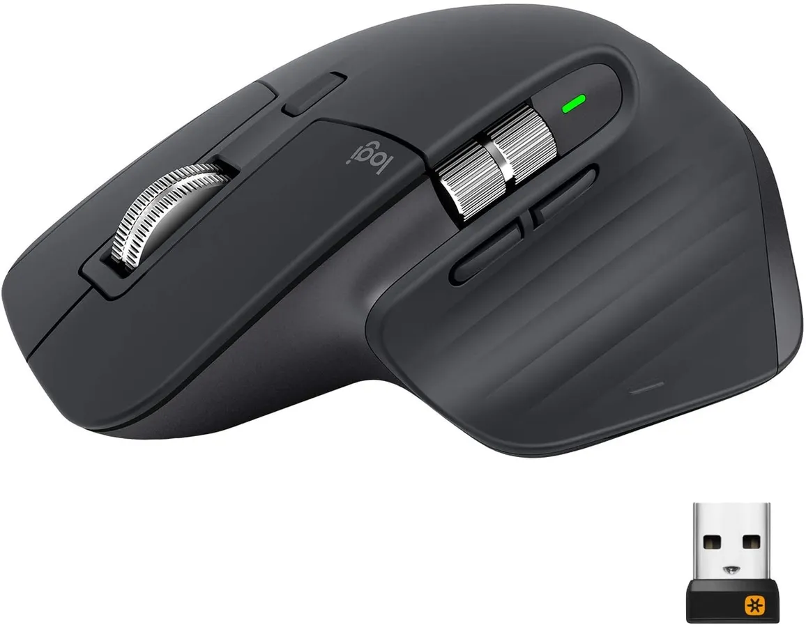 A black egonomic Logitech mouse with silver side wheels and scroll wheel.