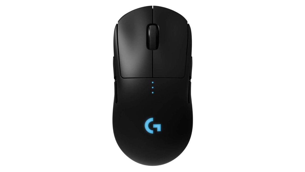 Logitech G PRO Wireless product image of a black mouse with branding lit up in blue on top.