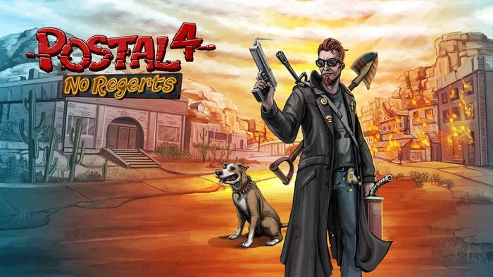 A screenshot of the game Postal 4: No Regrets, with the main character wielding a gun while a dog sits beside him.