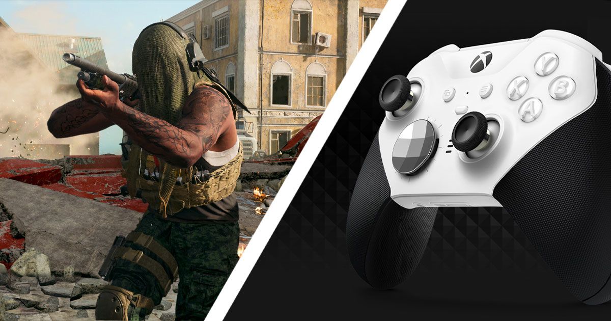 A solider with a green cloth over their face firing a weapon on one side of a white line. On the other, a white and black Xbox controller.