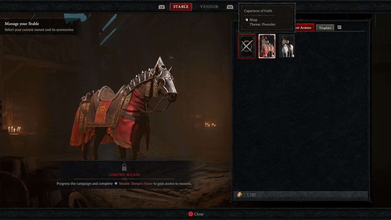 Once you've completed the Act 4 quest to obtain a horse, you can select your preorder bonus mount and mount armor.