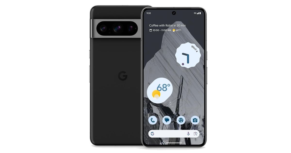 Google Pixel 8 Pro product image of a black phone shot from the front and back.