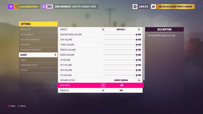 The Audio settings for Forza Horizon 5, with the GPS Voice toggle highlighted.