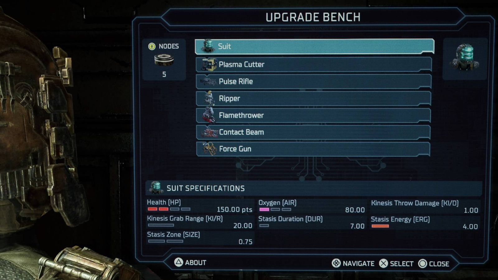 Image of the Upgrade Bench menu in the Dead Space remake.