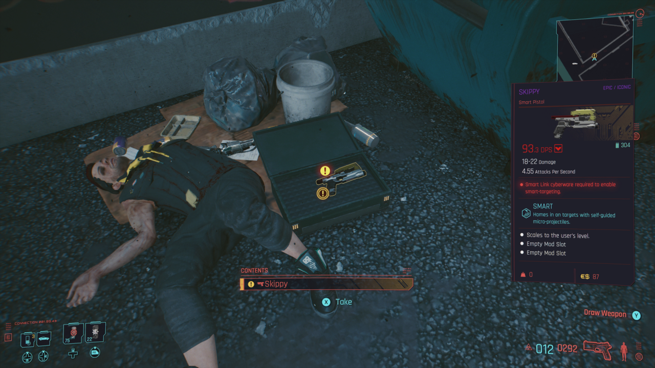 A screenshot from Cyberpunk 2077, Skippy the pistol is lying on the ground beside a dead body.