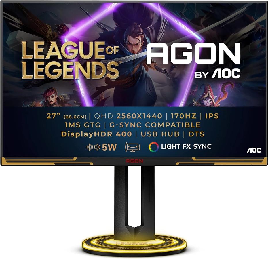 AOC AGON PRO AG275QXL product image of a black and yellow monitor with League of Legends on the display along with its specs.