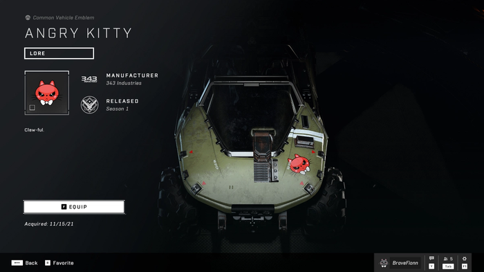Halo Infinite's vehicle customization screen, with an Angry Kitty emblem on the Warthog