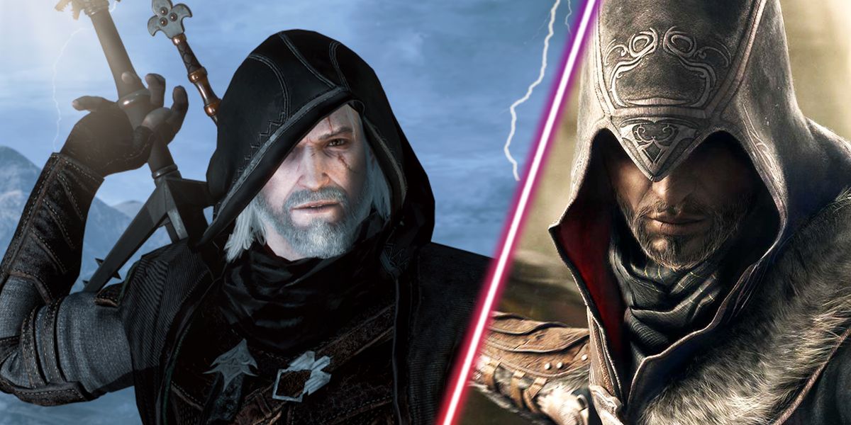 Geralt of Rivia alongside a character from Assassin's Creed.