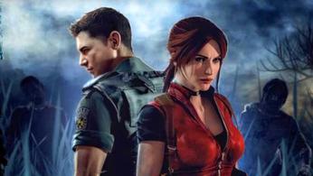 Chris Redfield and Claire Redfield are standing next to each other in cemetery filled with zombies 