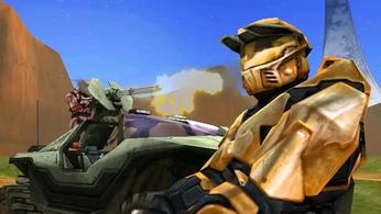 Red vs Blue’s Simmons firing a warthog turret while Grif stands next to them 