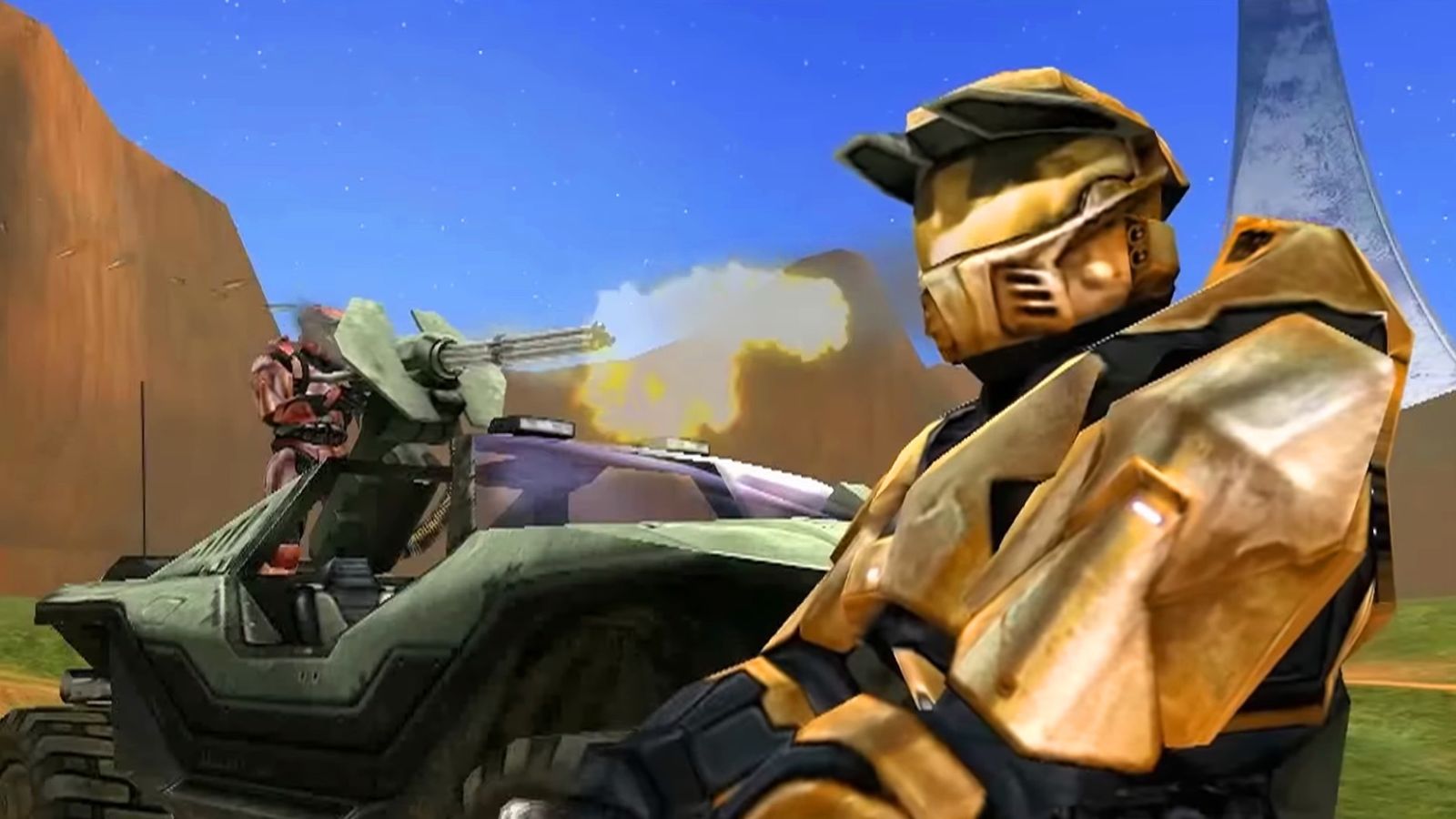Red vs Blue’s Simmons firing a warthog turret while Grif stands next to them 