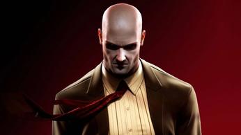 A key art for Hitman: Blood Money showing Agent 47 in a suit on a red background 