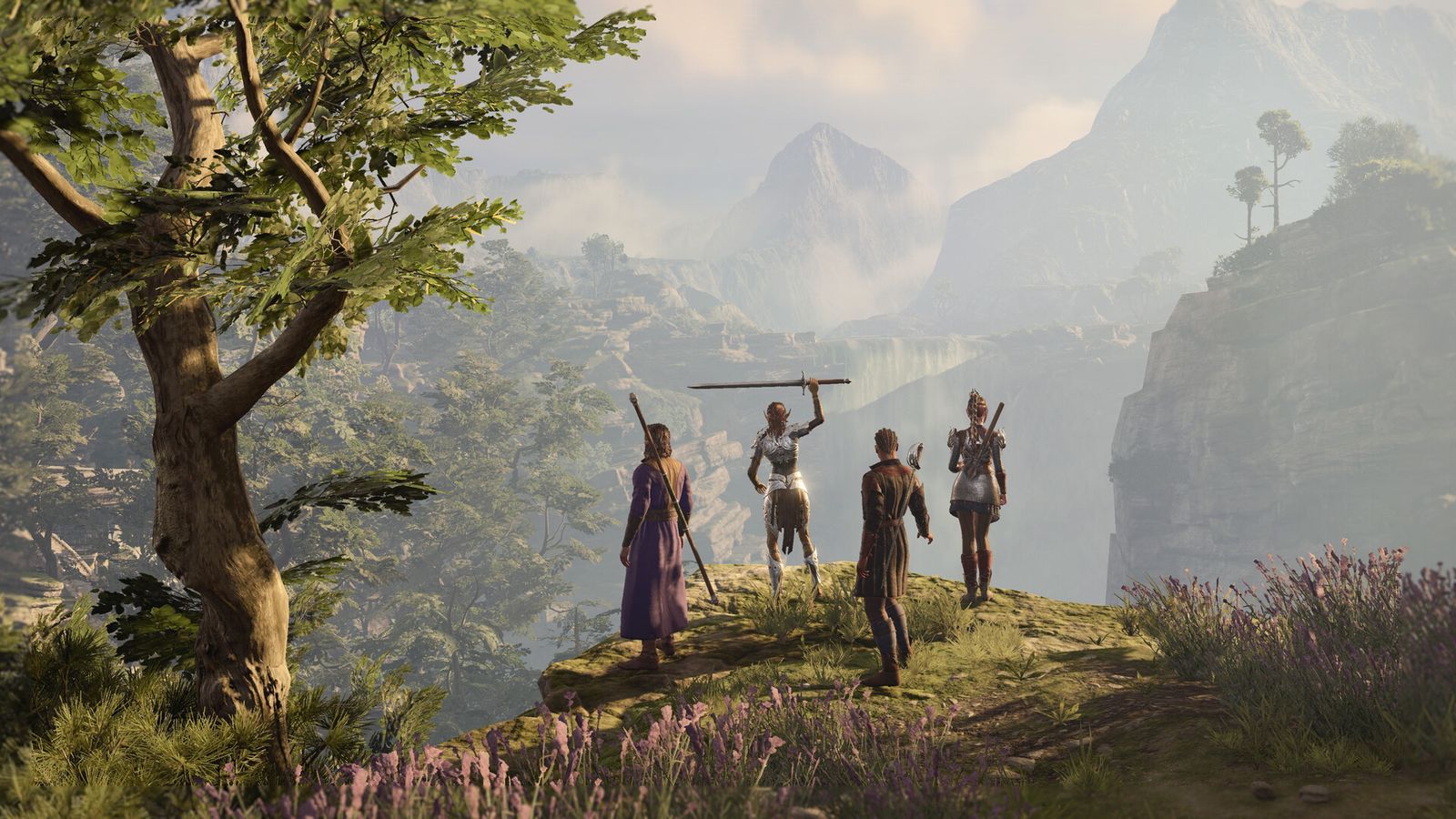 four characters looking over a valley