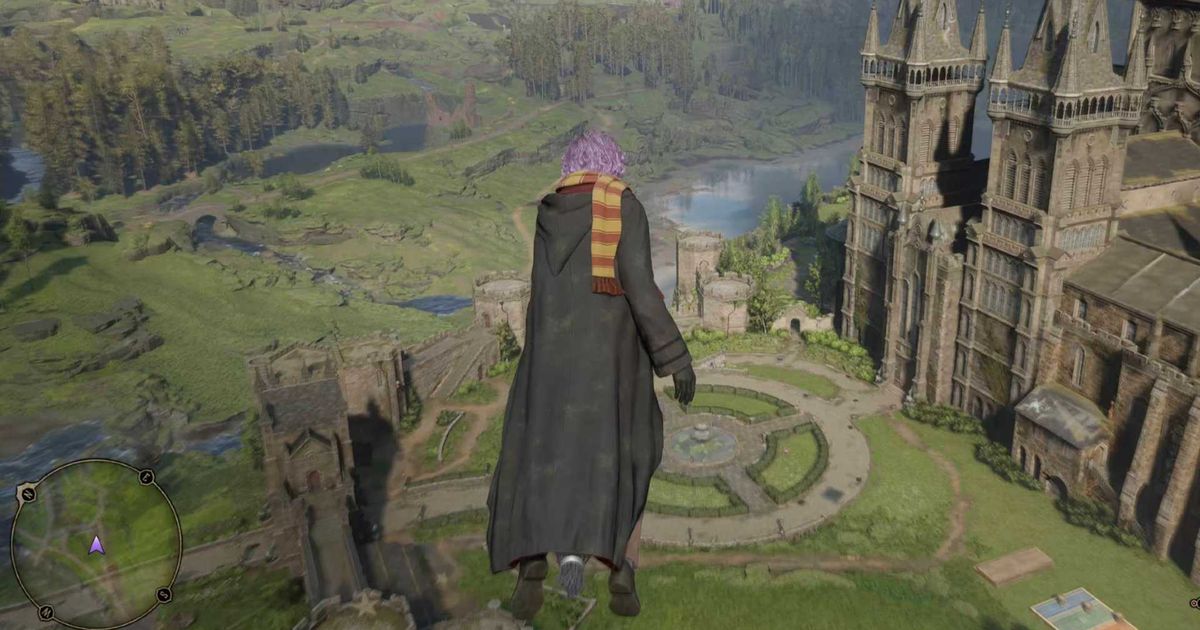 The player character riding a broomstick in Hogwarts Legacy.