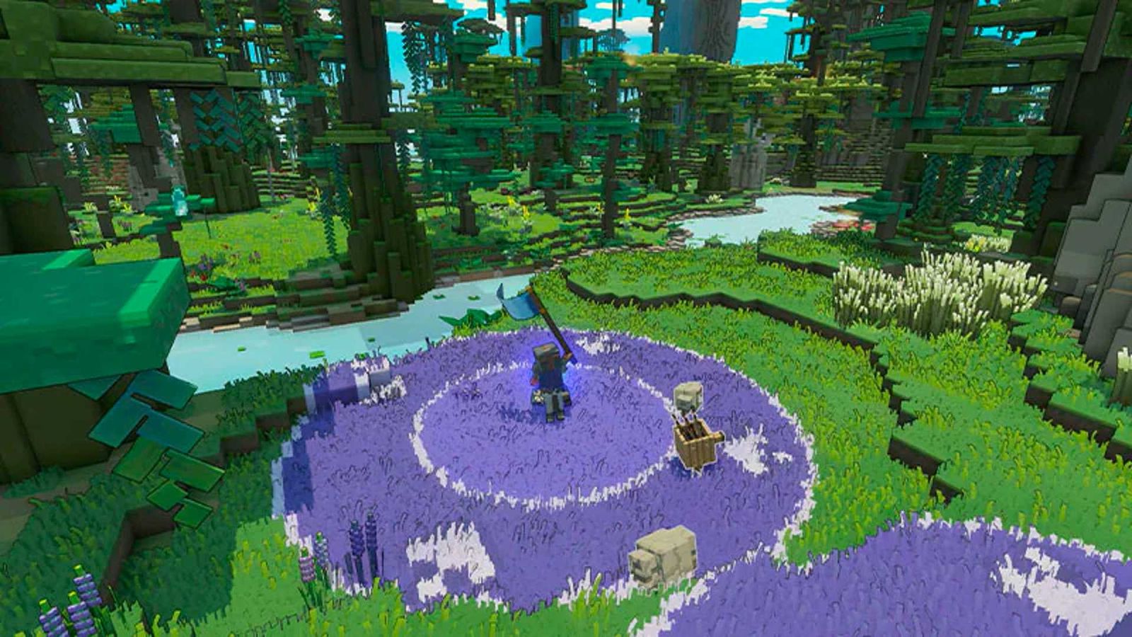 The player character within a purple zone in a forest in Minecraft Legends.