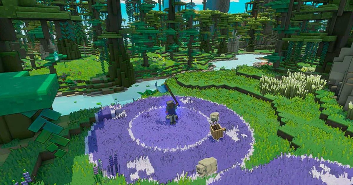 The player character within a purple zone in a forest in Minecraft Legends.