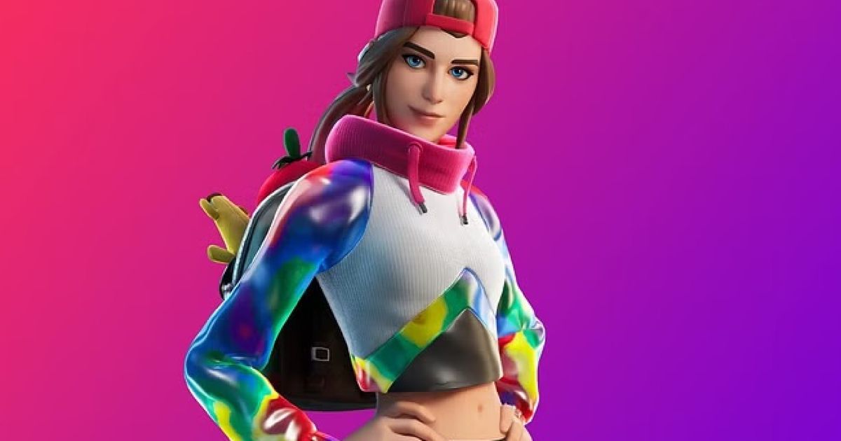 Fortnite iOS - a female character from Fortnite standing in a pink and purple gradient backhroun
