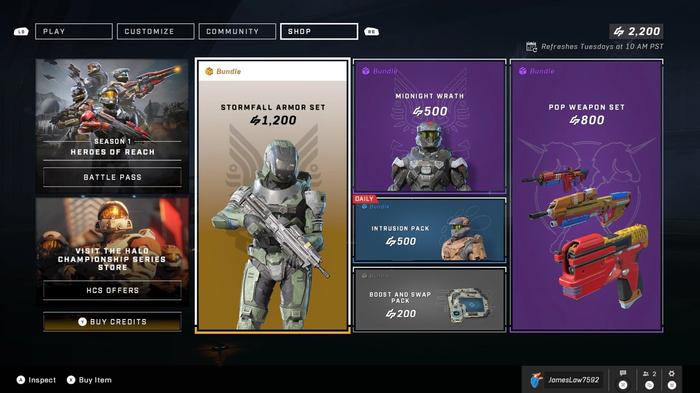 Daily store items for Halo Infinite, including the Stormfall Armor Set and Pop Weapon Set.