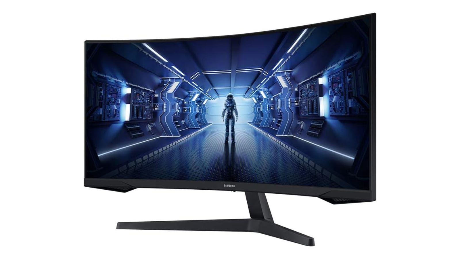 Samsung Odyssey G5 product image of a curved, black monitor with a person in a space suit walking down a Sci-Fi walkway bathed in blue.