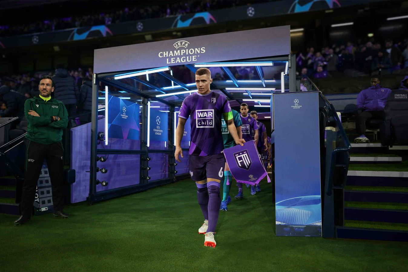 Football Manager 23 art with a player exiting the tunnel onto the pitch.