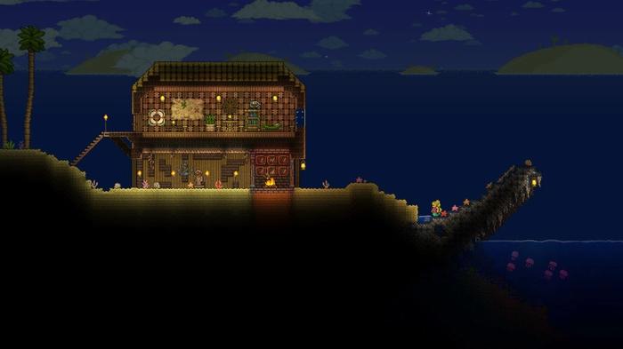 A house by the shore in Terraria.