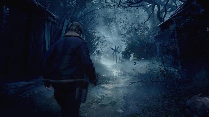 Leon walking through a dark forest in Resident Evil 4 remake.