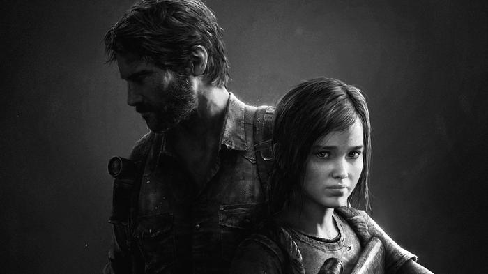 Ellie and Joel, protagonists of The Last of Us games. A black and white promotional poster where Ellie holds a gun.