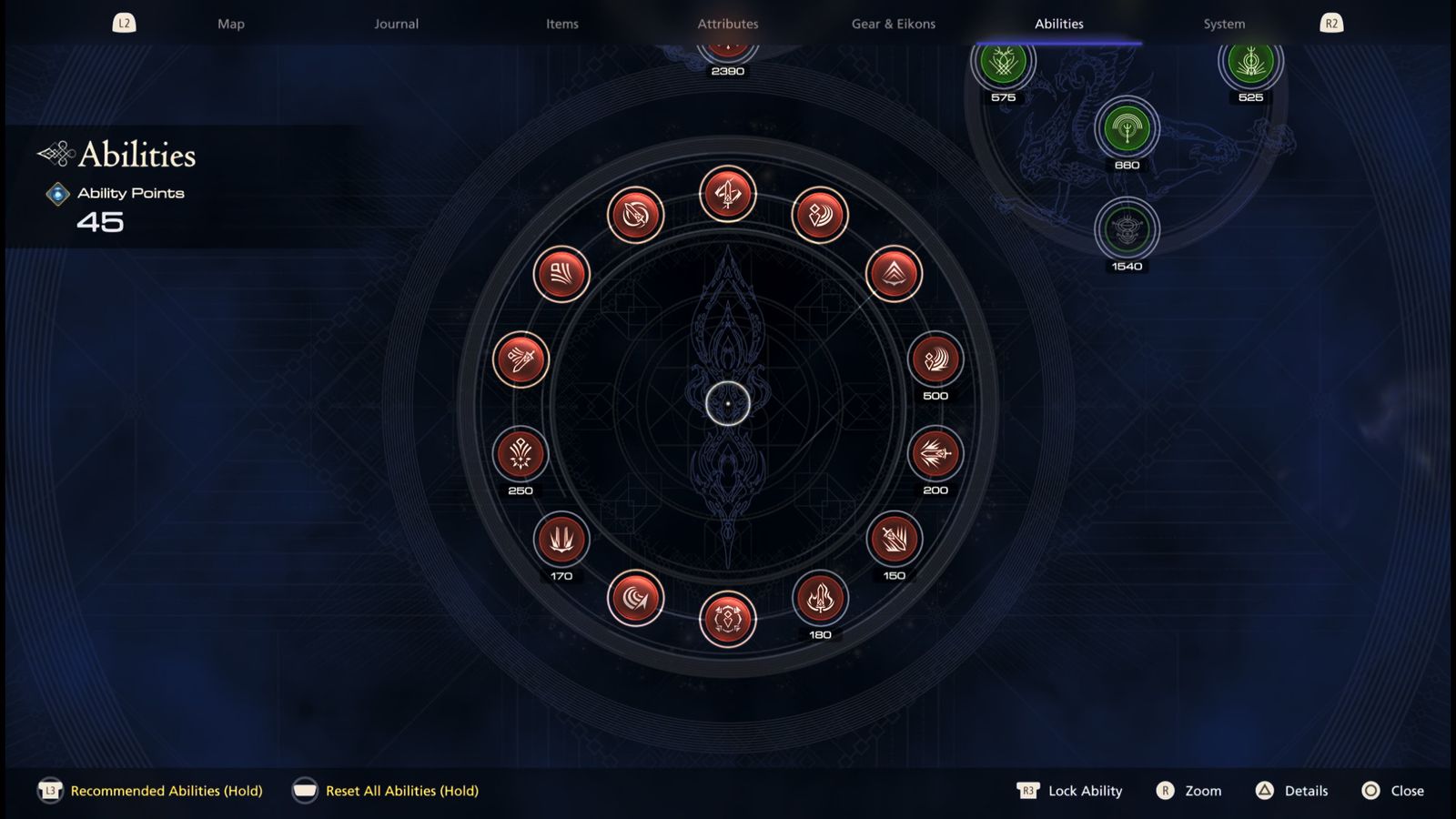Final Fantasy 16 abilities tab with reset ability button