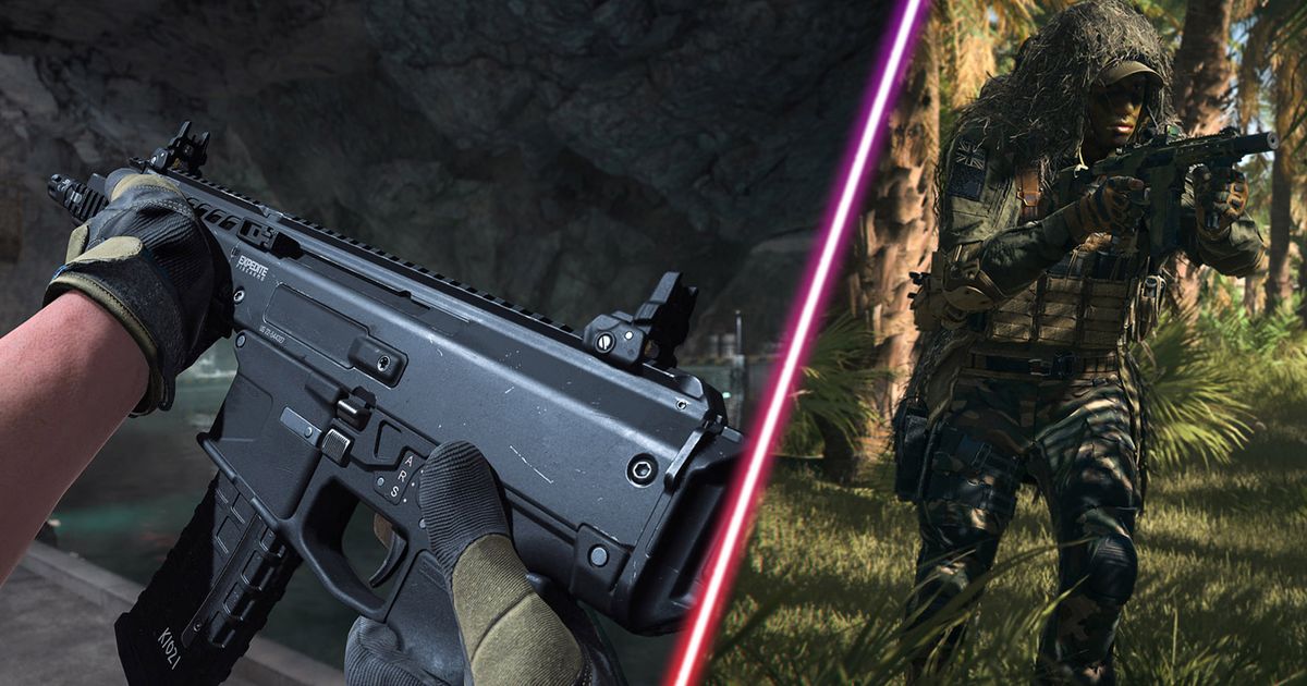 Screenshot of Modern Warfare 2 player golding ISO Hemlock assault rifle and Modern Warfare 2 player holding a rifle while wearing a ghillie suit