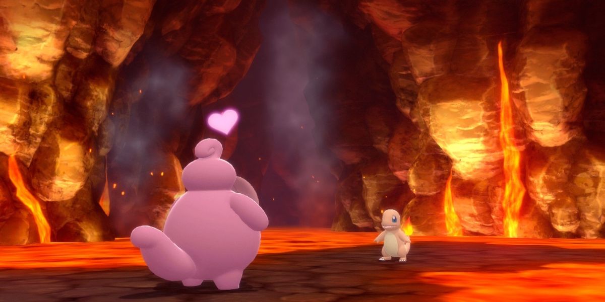 Lickitung faces Charmander in a battle in a Volcanic Cave of the Grand Underground in Pokémon Brilliant Diamond and Shining Pearl.
