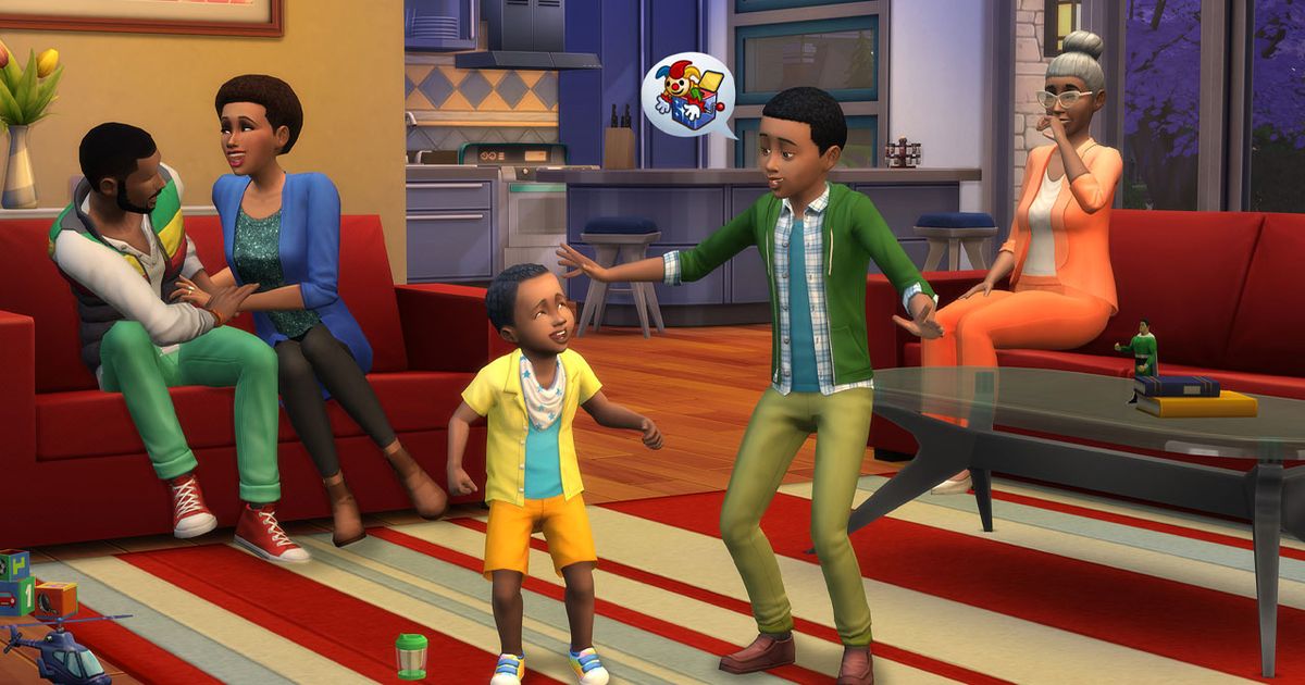 Two child Sims interacting in a living room with family members sat on red sofas around them.