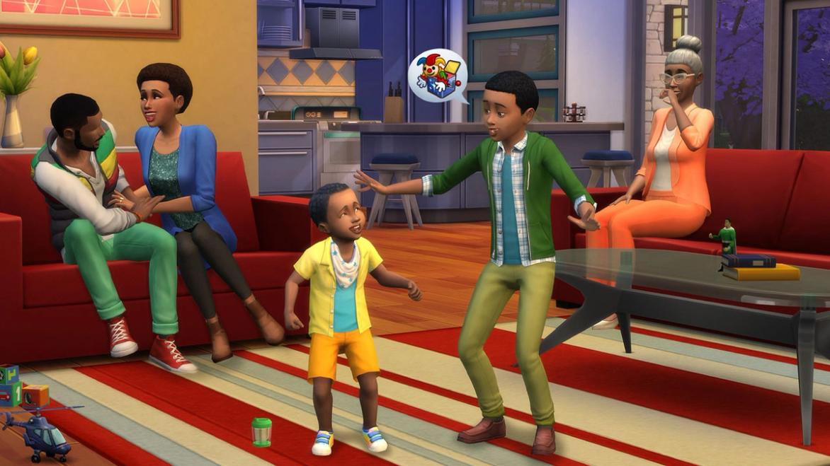 Two child Sims interacting in a living room with family members sat on red sofas around them.