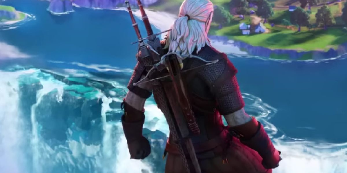 Geralt looking over a waterfall in Fortnite.