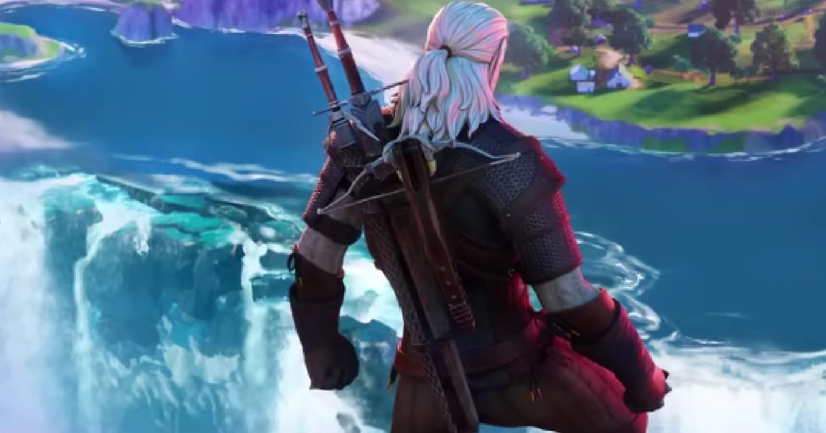 Geralt looking over a waterfall in Fortnite.