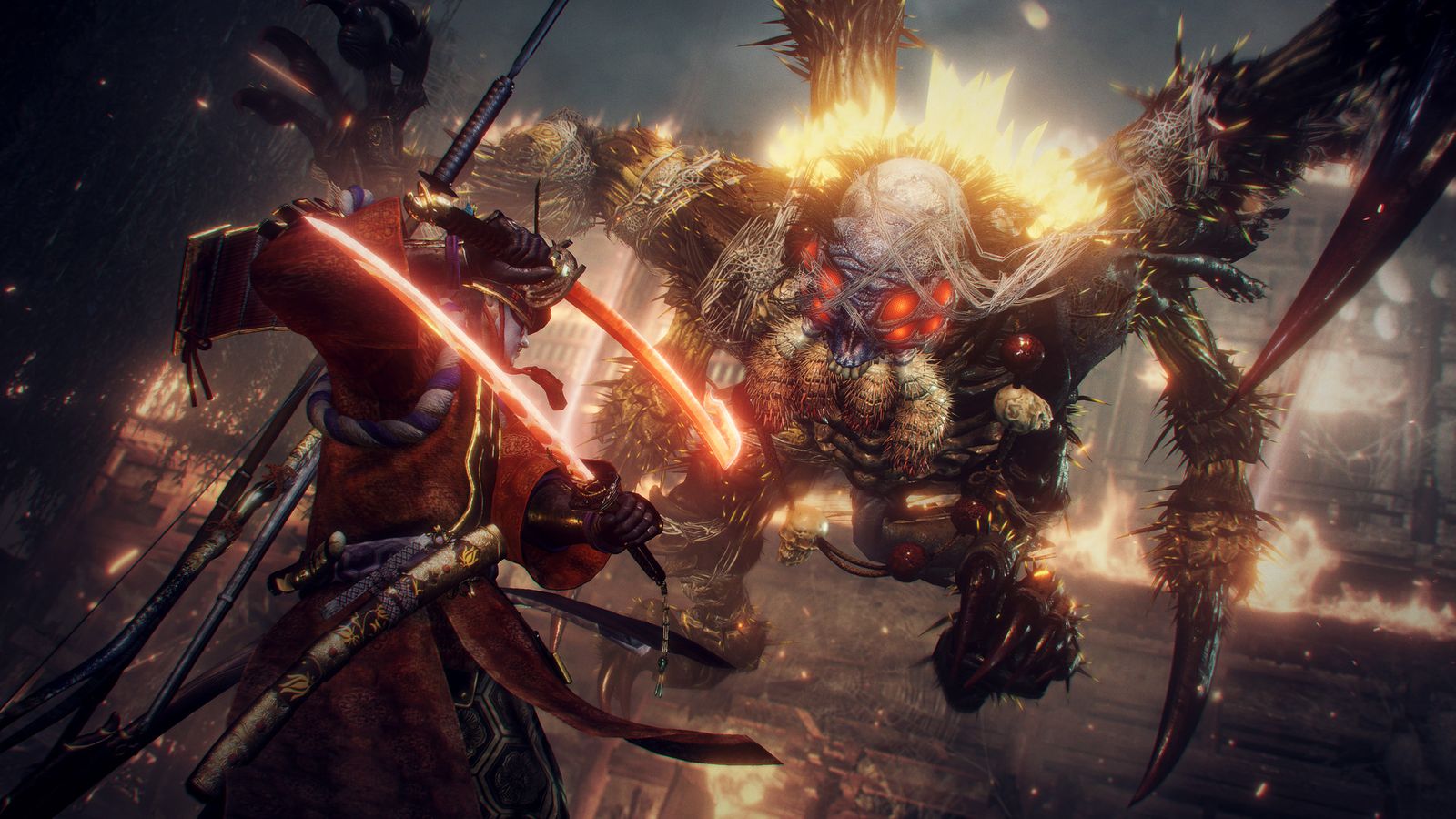 In-game image from Nioh 2 of a character fighting a spider-like monster using two orange swords.