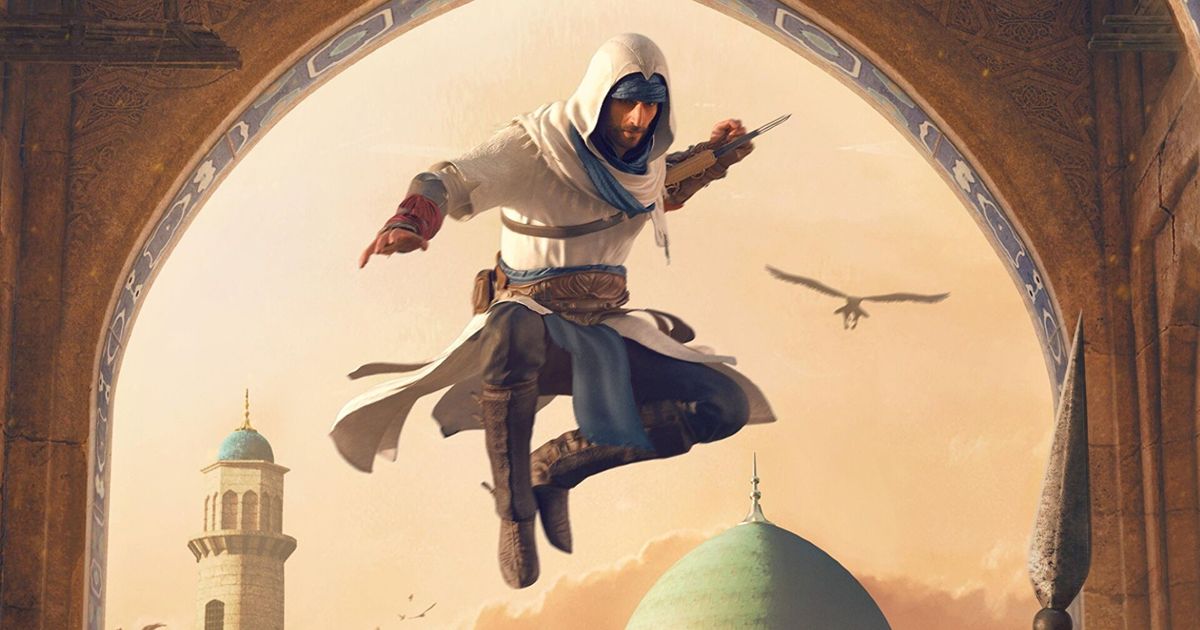 Assassin's Creed Mirage character leaping towards the viewer while an eagle soars in the background