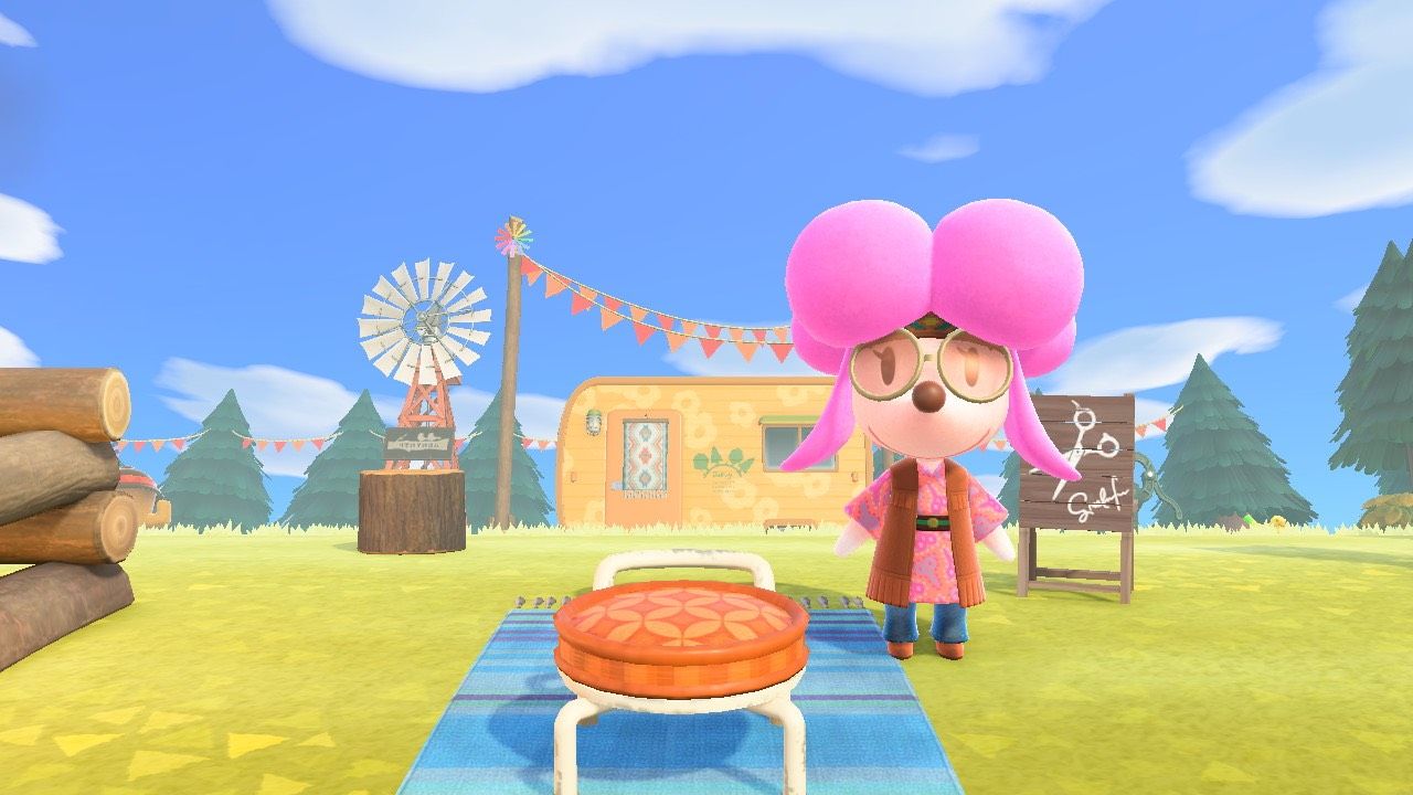Harriet, the hairdresser poodle, on Harv's Island in Animal Crossing: New Horizons.