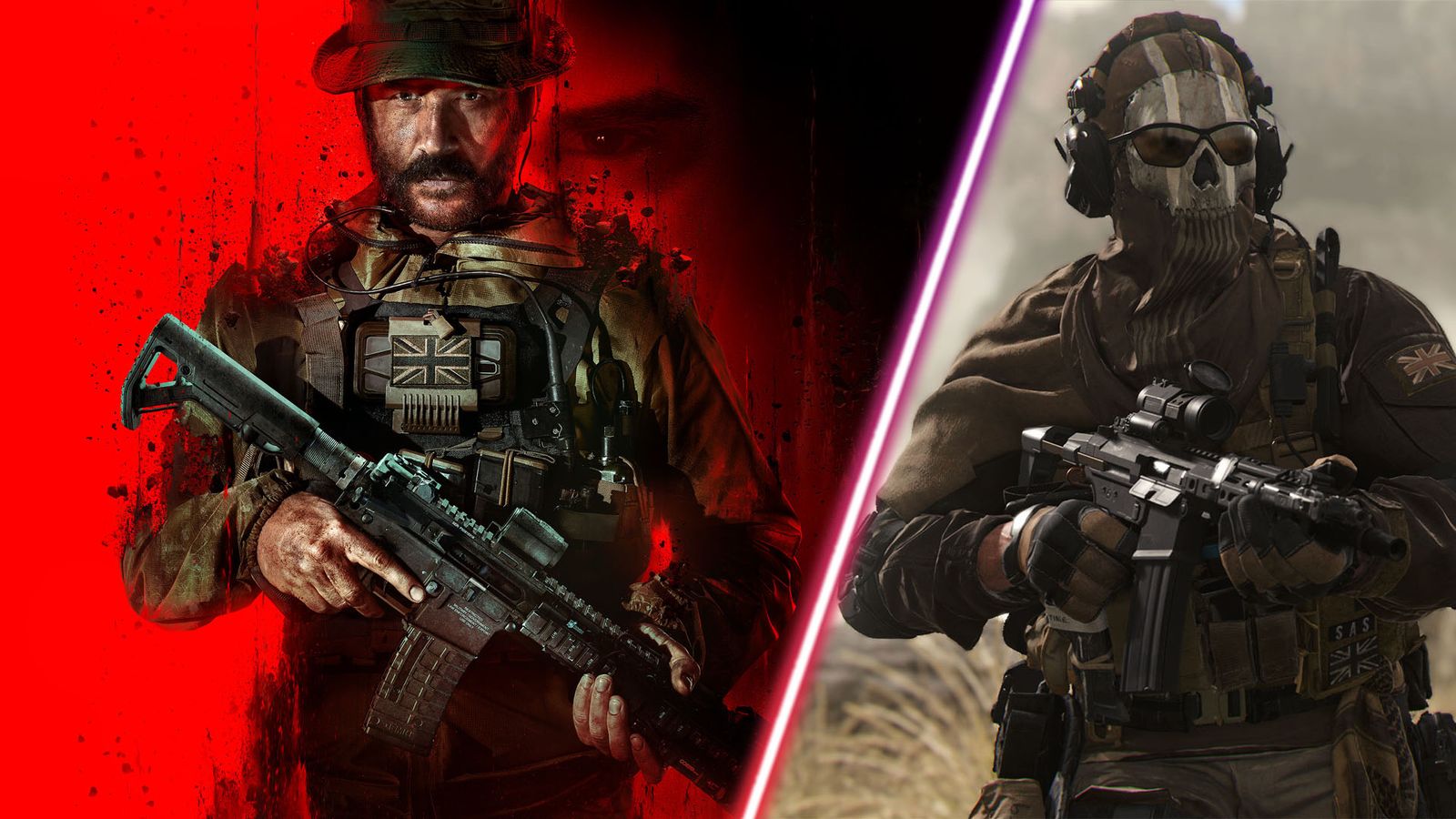Call of Duty Captain Price on red background and Ghost holding assault rifle