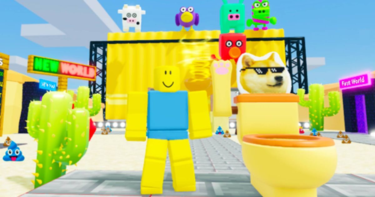 A Roblox character stood next to a toilet in Fart Race.