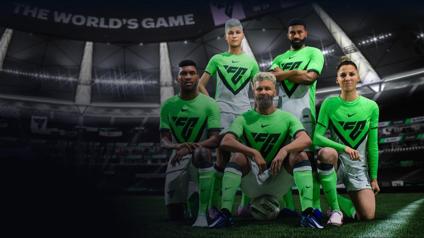 EA Sports FC players wearing green Nike kit with EAFC logo on the front