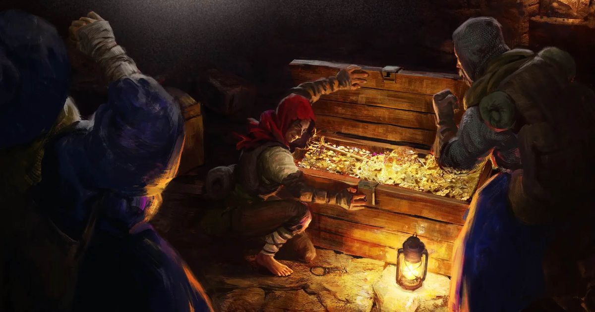 A promotional image from Dark and Darker showing a team opening a Golden Key chest.