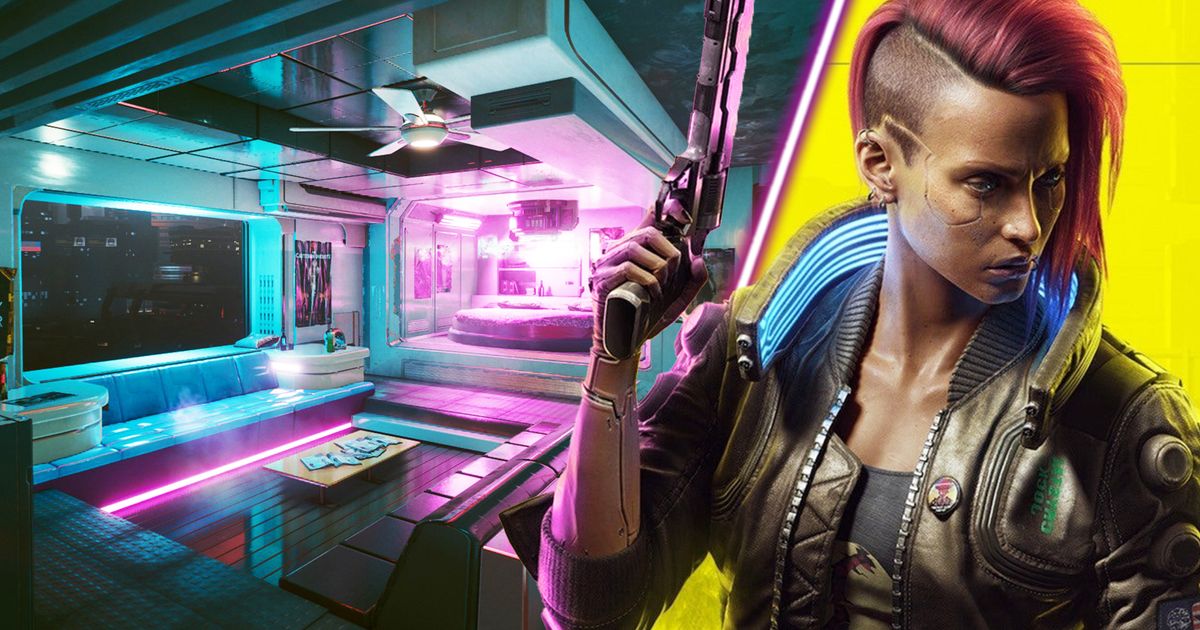 Cyberpunk 2077's V standing in a futuristic apartment.