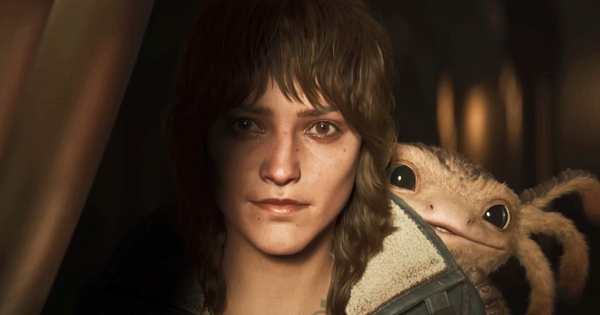Star Wars Outlaws - person with mid-length brown hair and an axolotl-esque alien peering over their shoulder.