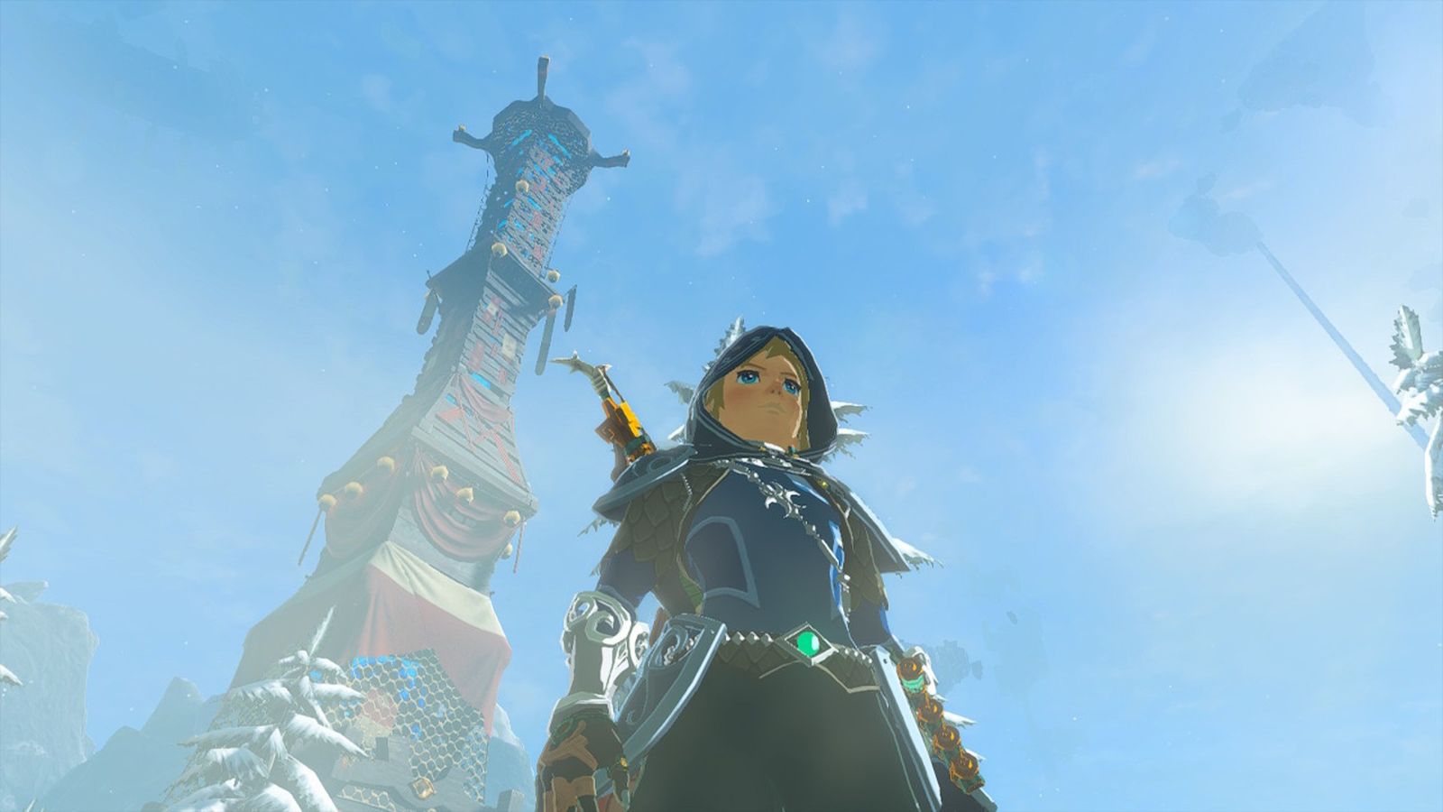 Link stood under a Skyview Tower in Zelda Tears of the Kingdom
