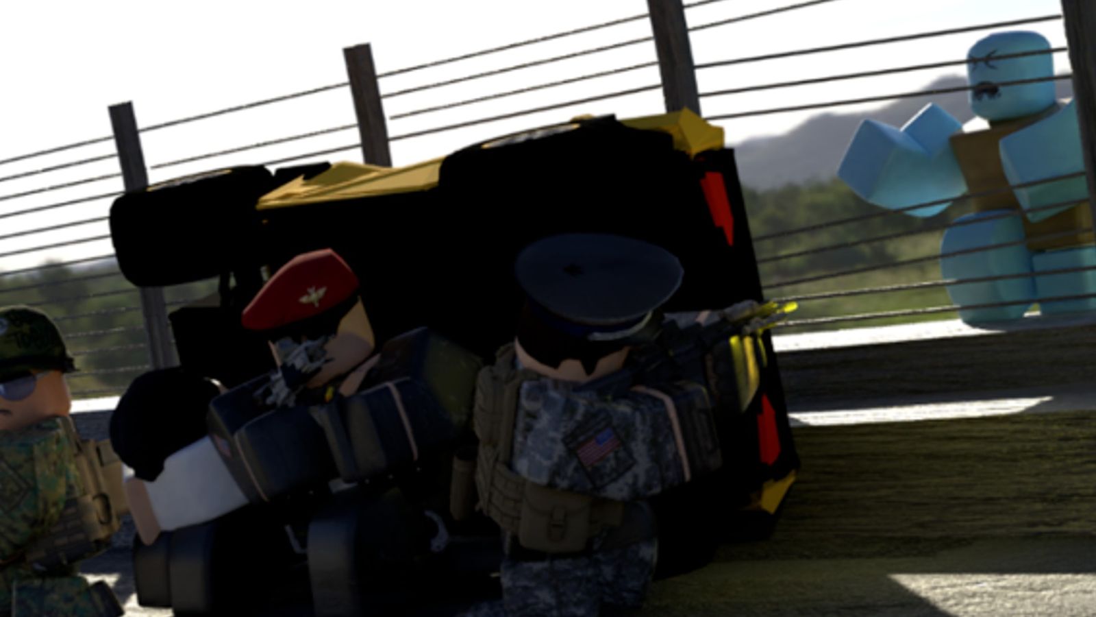 Screenshot from Zombie Uprising, with several Roblox characters shooting at zombies from behind cover