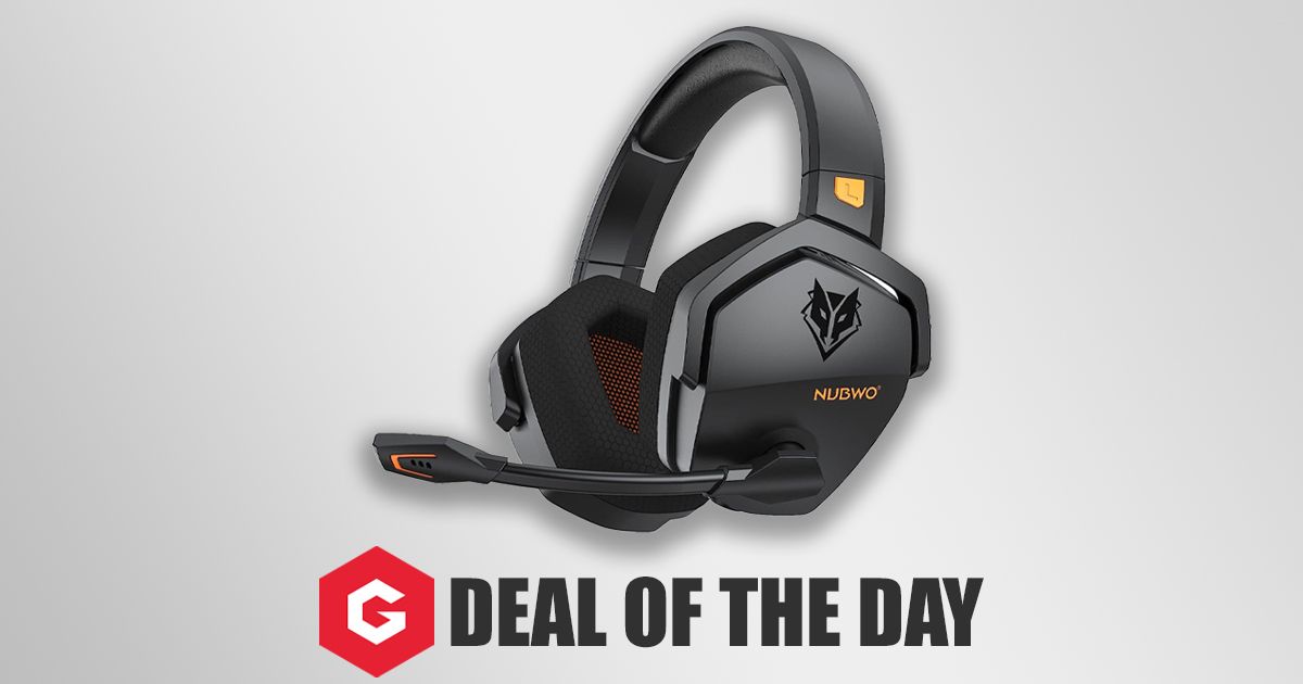 A dark gray and black over-ear gaming headset featuring orange trim above DEAL OF THE DAY branding next to the Gfinity logo in red.