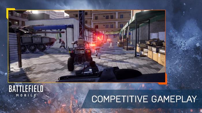 A quadbike is ridden in Battlefield mobile with the caption 'COMPETITIVE GAMEPLAY'