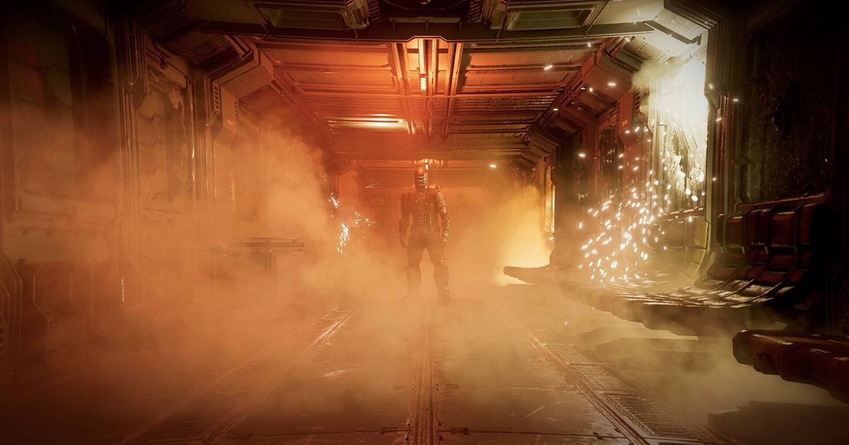 Isaac Clarke stood in a smoky hallway in the Dead Space remake.