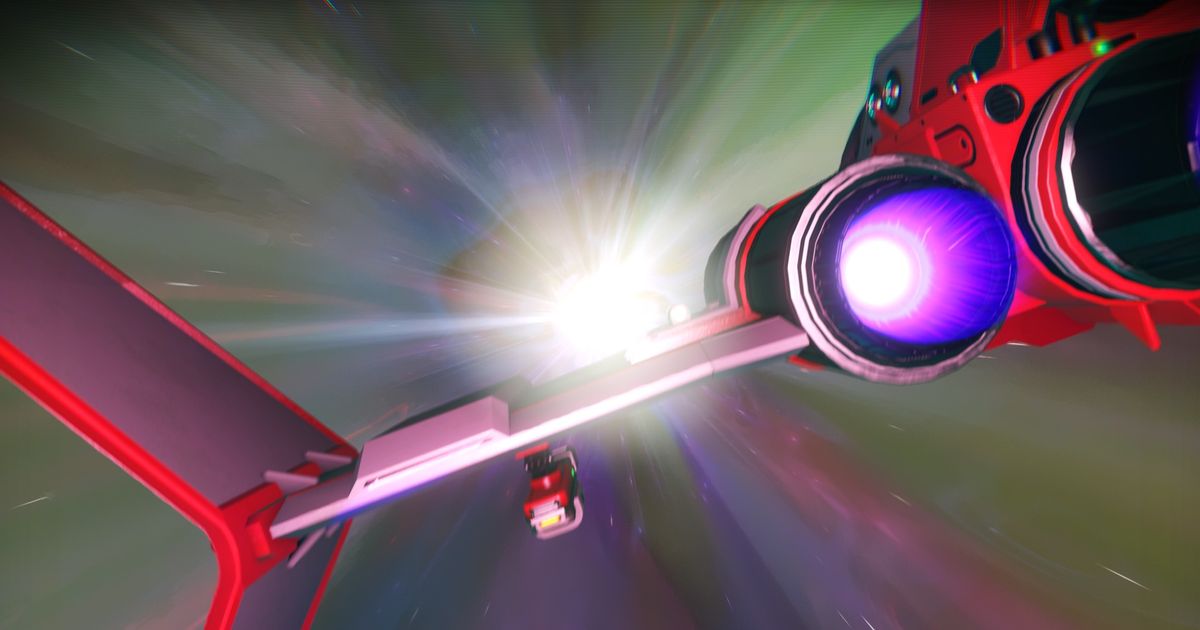 A Starship in No Man's Sky using the Hyperdrive to warp between interstellar systems.